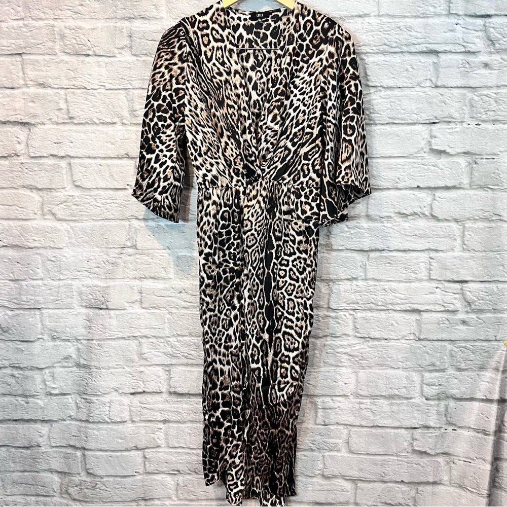 Lucca Couture Cheetah V Neck Bell Sleeve Draped Midi Dress - Small - Picture 4 of 14